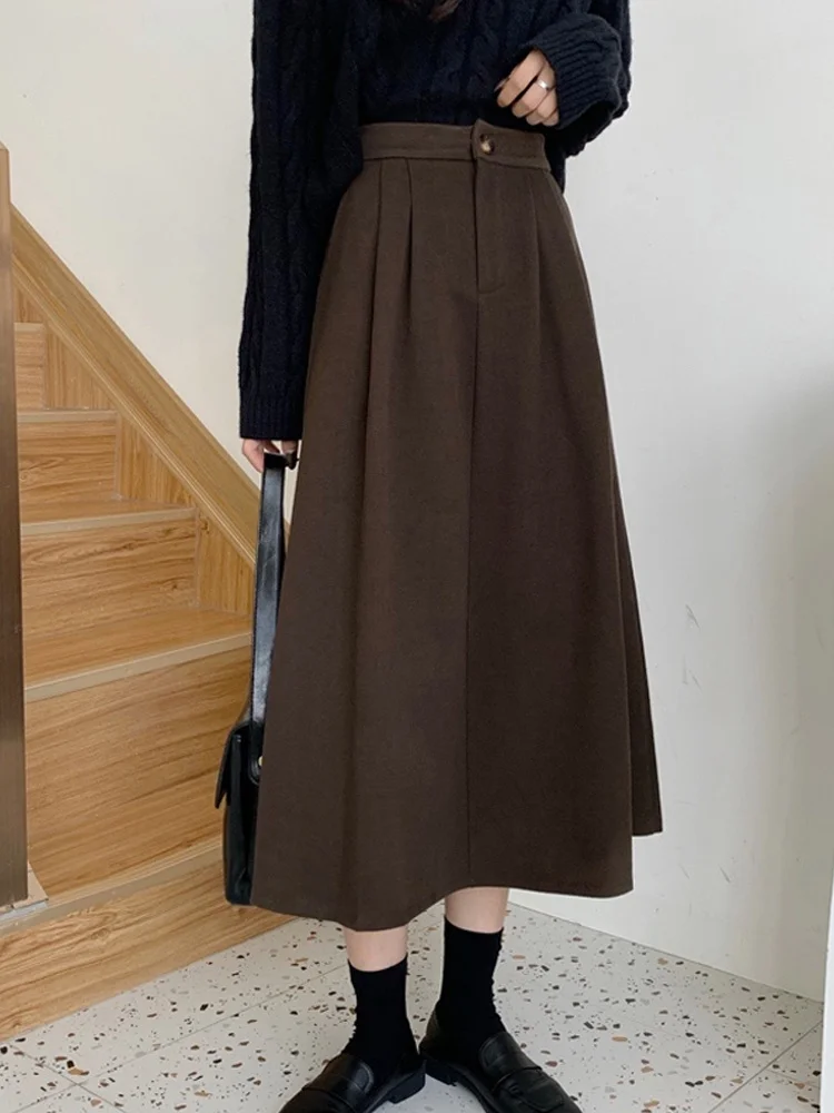 

Коричневая шерстяная юбка, Женская юбка А-силуэта средней длины на весну и осень и зиму, новинка 2021, маленькая длинная юбка с высокой талией