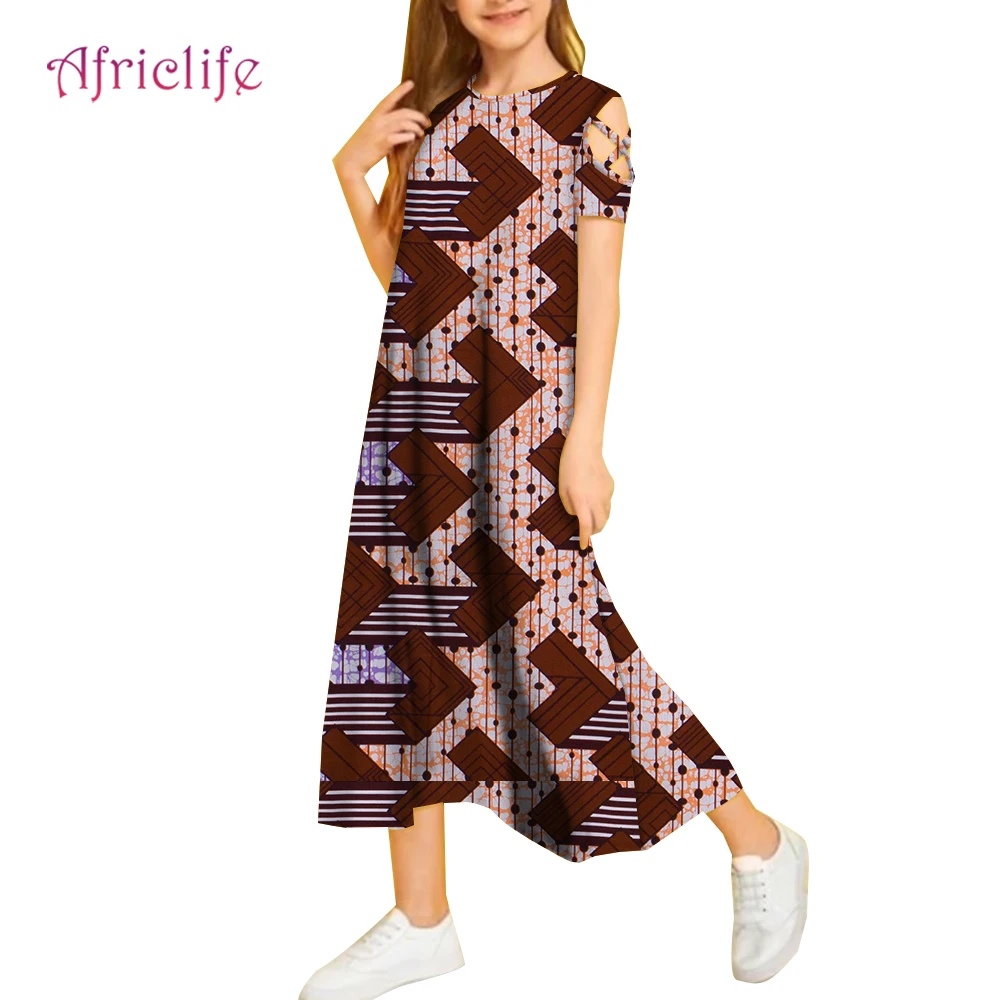 

African Kids Girl Clothes O-Collar Short Sleeve Mid-Calf Dress For Sweet Children Plus Size Custom Clothing WYT746