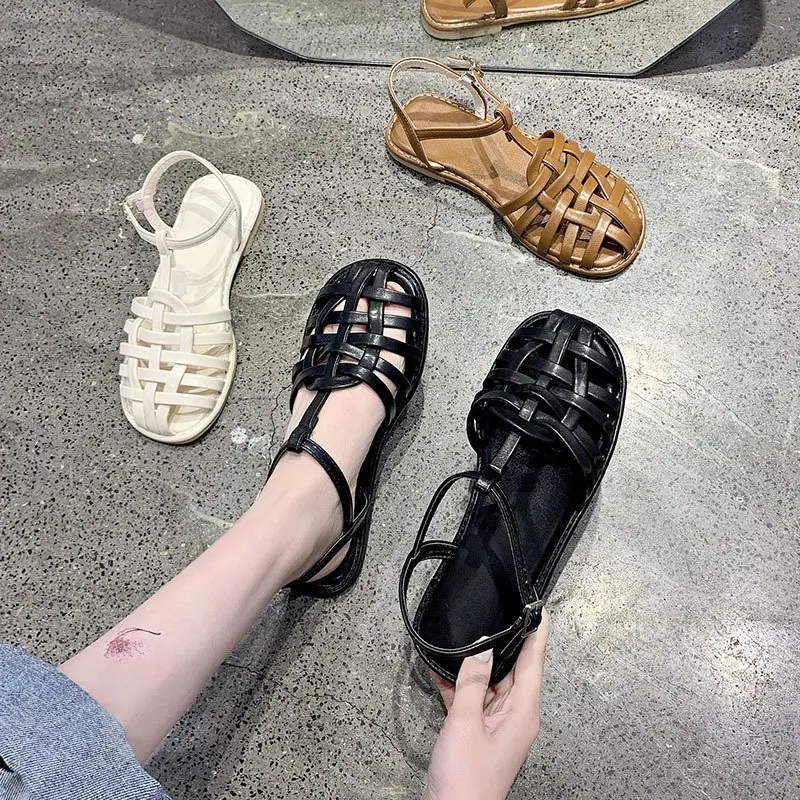 

Beige Heeled Sandals Retro Woman Shoes All-Match 2021 Summer Black Original Clear Fashion Closed Girls Gladiator Comfort Flat