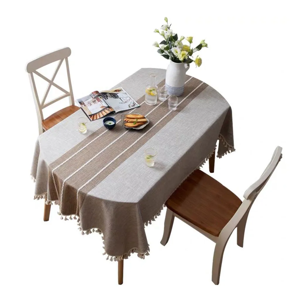 

Plaid Decorative Linen Tablecloth With Tassel Waterproof Oval Table Cloth Thick Wedding Dining Tea Living Room Home Table Cover