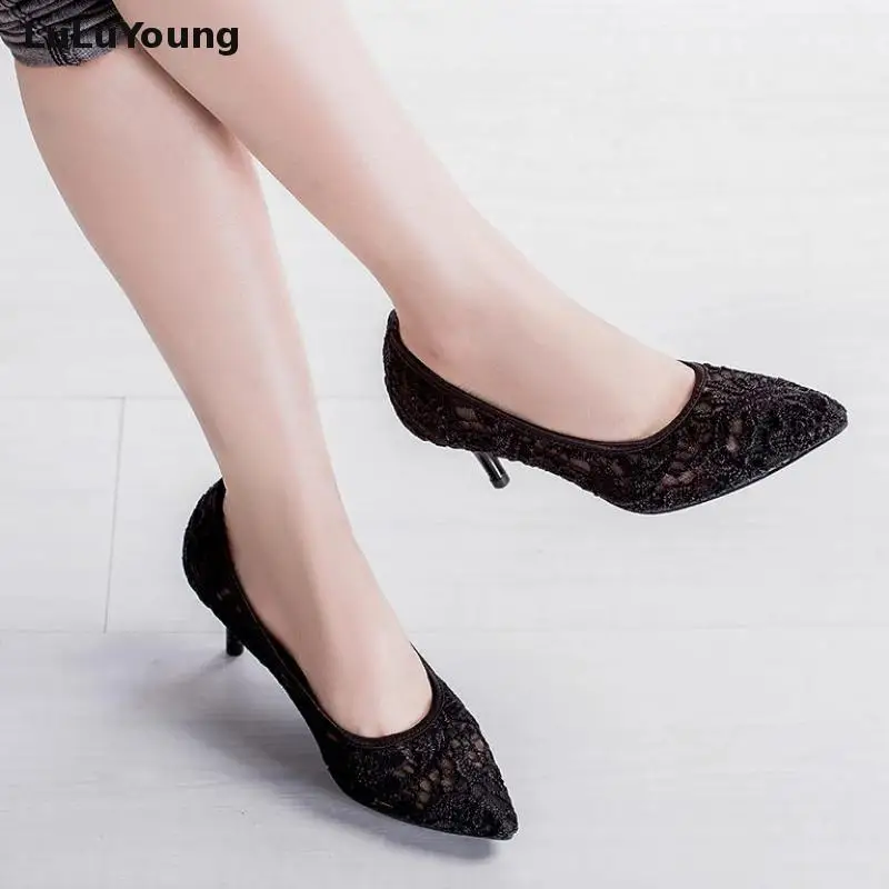 Женские туфли кружевные свадебные на высоком каблуке сетчатые с острым носком 5