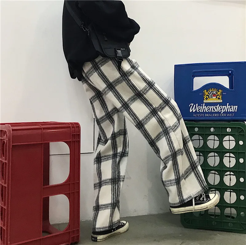 Плюс бархатные плотные шерстяные брюки мужские модные ретро повседневные клетчатые брюки мужские уличные хип-хоп свободные прямые брюки мужские