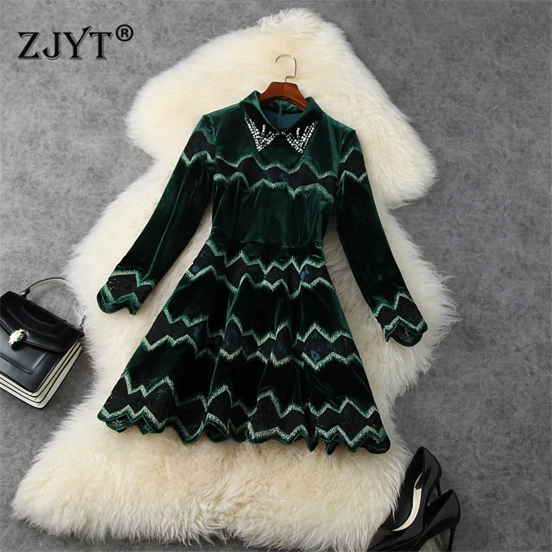 

Women Elegant Spring Autumn Luxury Beading Lace Patchwork Velvet Dress Long Sleeve Vintage Robe Femme Mini Green Party Vestidos