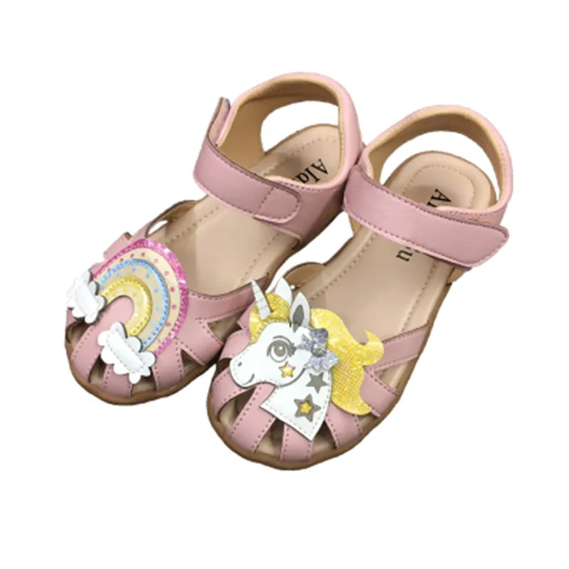 Сандалии для девочек с радужным единорогом мягкая кожа летняя обувь принцессы