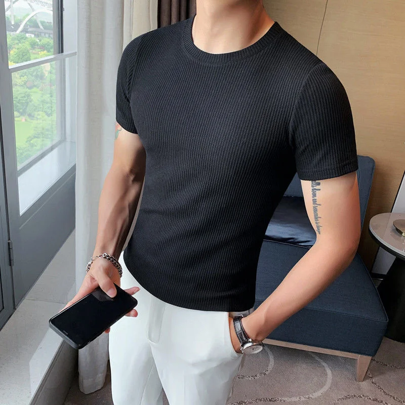 

Summer Fashion Simple Tshirt For Men Knitted Striped O-Neck Slim Solid Color Bottoming Shirt Casual Social Short-sleeved T-shirt
