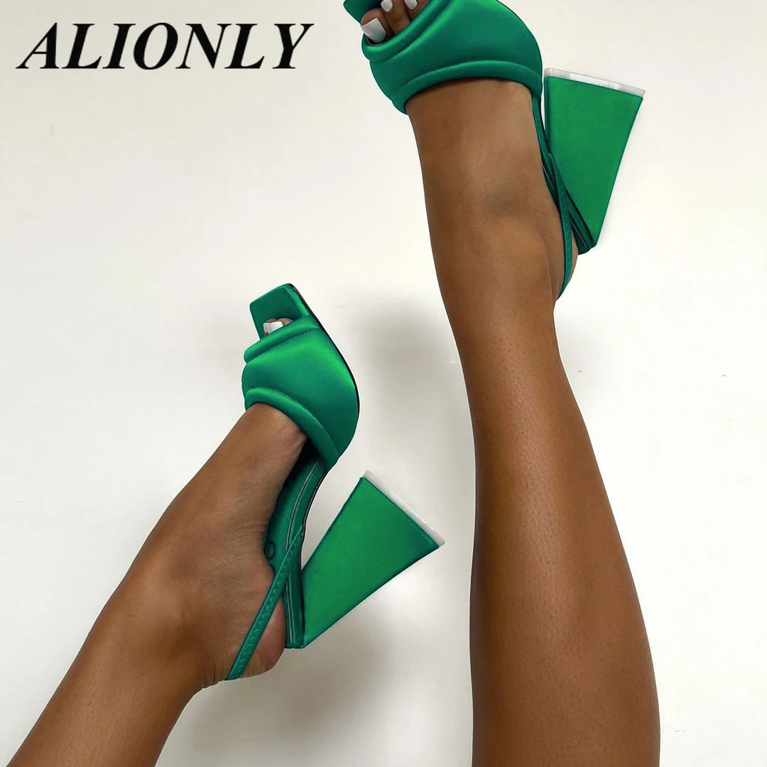 

Босоножки Alionly женские на высоком каблуке, шелковые сандалии с открытым носком, треугольным и квадратным каблуком, с ремешком сзади, зеленые, лето 2023