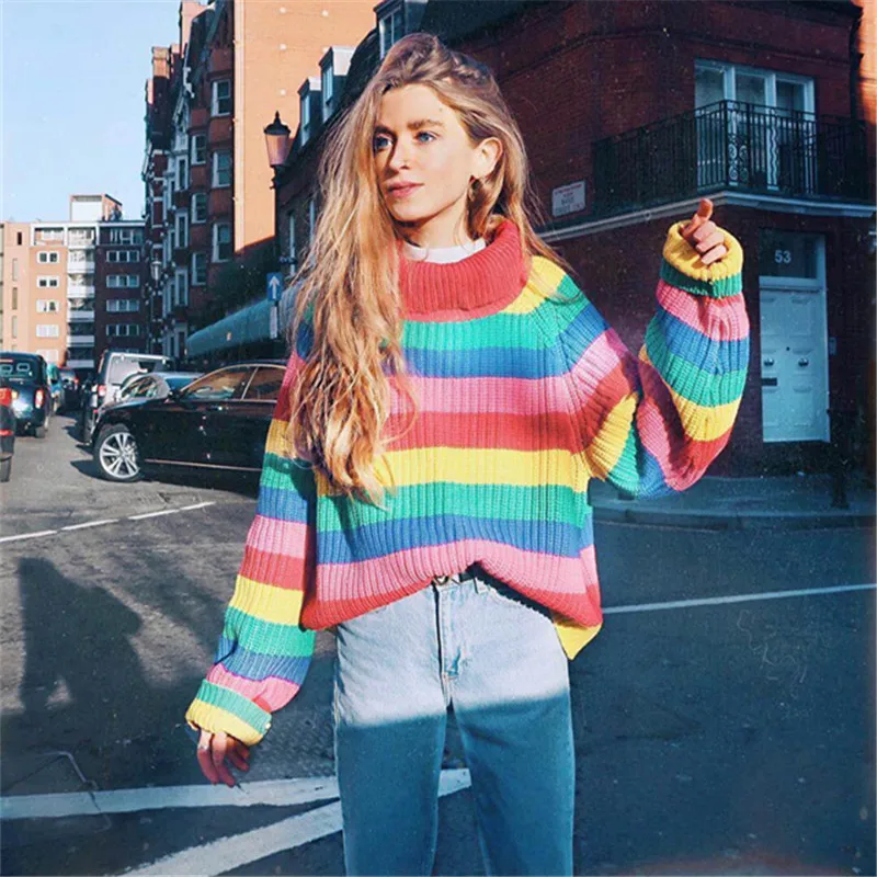Rainbow Stripe Turtleneck Sweater Women Pullovers 2019 Autumn Winter Warm Knitted Jumpers Loose Oversized Colorful Sweaters | Женская
