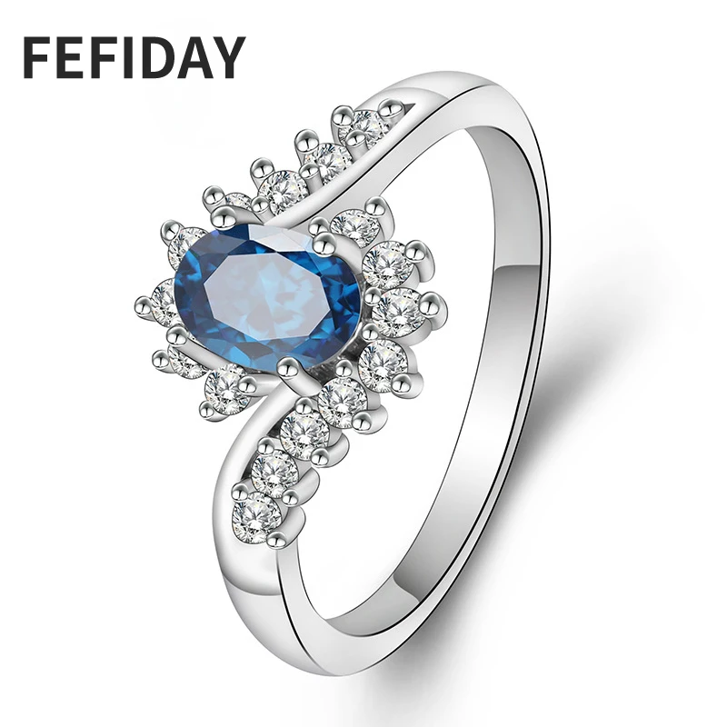 Женское Обручальное Кольцо FEFIDAY роскошное кольцо с овальным кристаллом и голубым