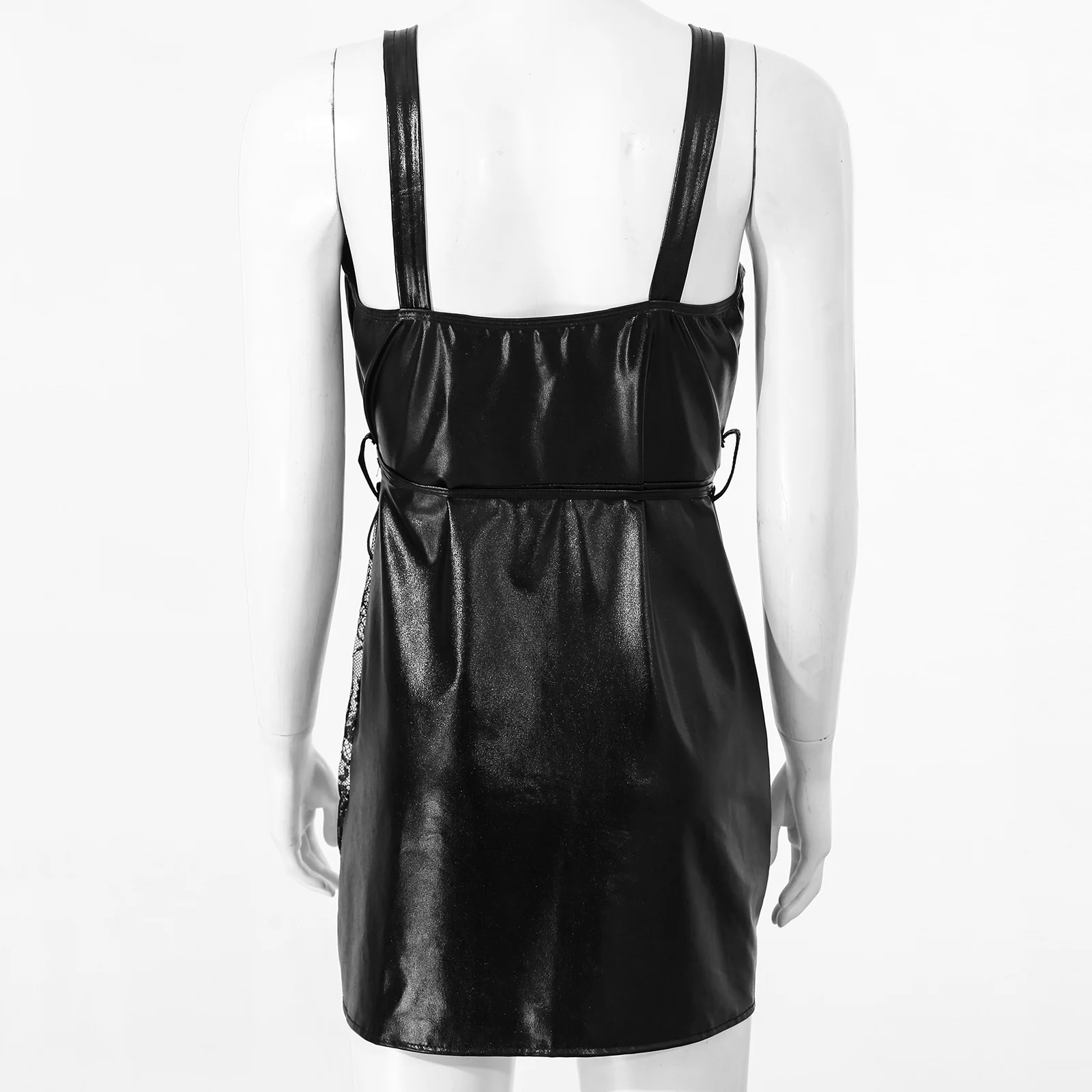 Черное женское платье из лакированной кожи прозрачные кружевные лоскутные