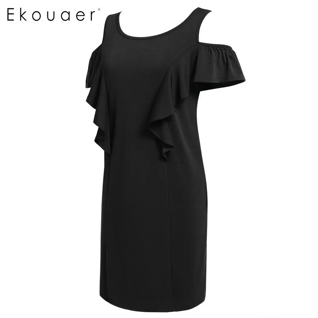 Ekouaer Summer Dreesses Women Plus Size Cold Shoulder Ruffles Sleeve Solid Shift Knee Length Dress L-4XL Sizes | Женская одежда