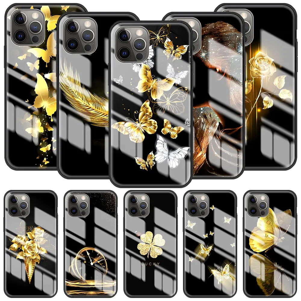 

Phone Case For Apple iPhone 12 Mini 11 Pro 7 XR X XS Max 6 6S 8 Plus Tempered Glass Mobile Cover Gold Flower Butterfly Pattern