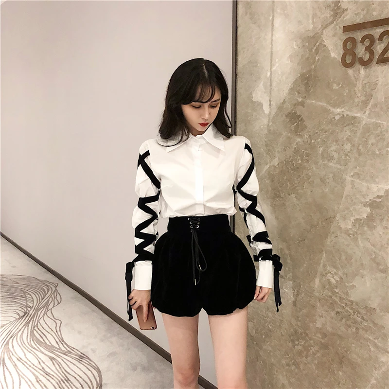 

Collar Long Sleeve Fashion Office Lady Women Blouses White Shirts Women Stitching Black Bandage Tops Turn-down