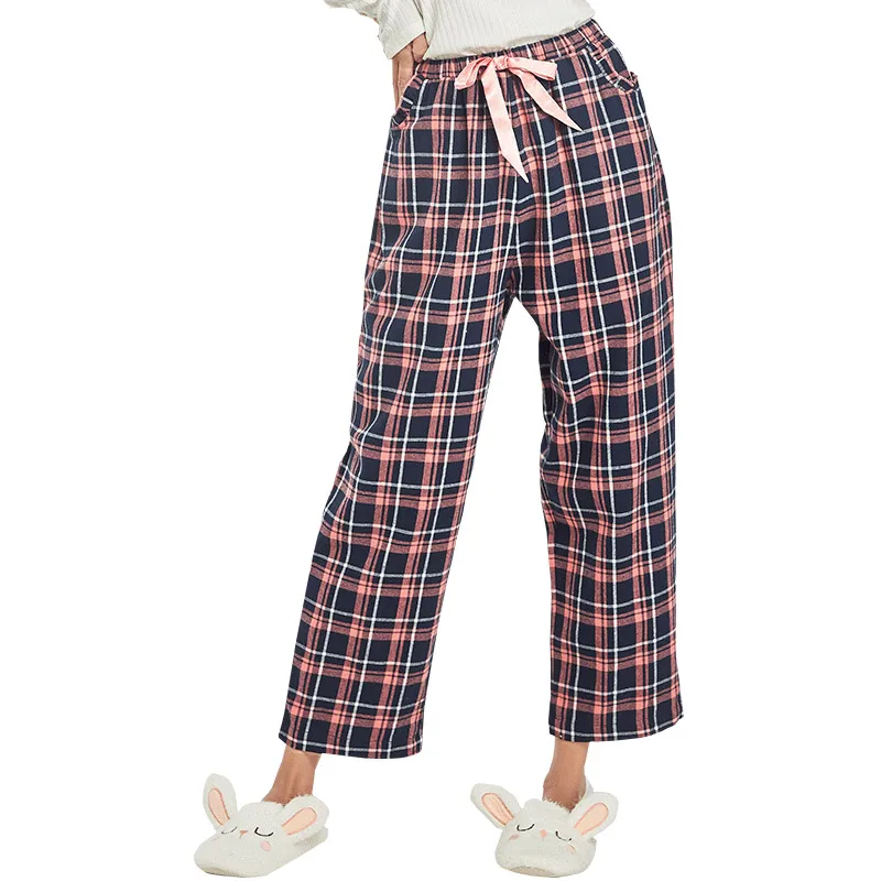 Navy Plaid THREEGUN женские Пижамные шорты, укороченные штаны полной длины, кружевные Хлопковые женские штаны для сна, свободные штаны с эластичной резинкой на талии, домашние штаны, партия - Цвет: Navy Plaid