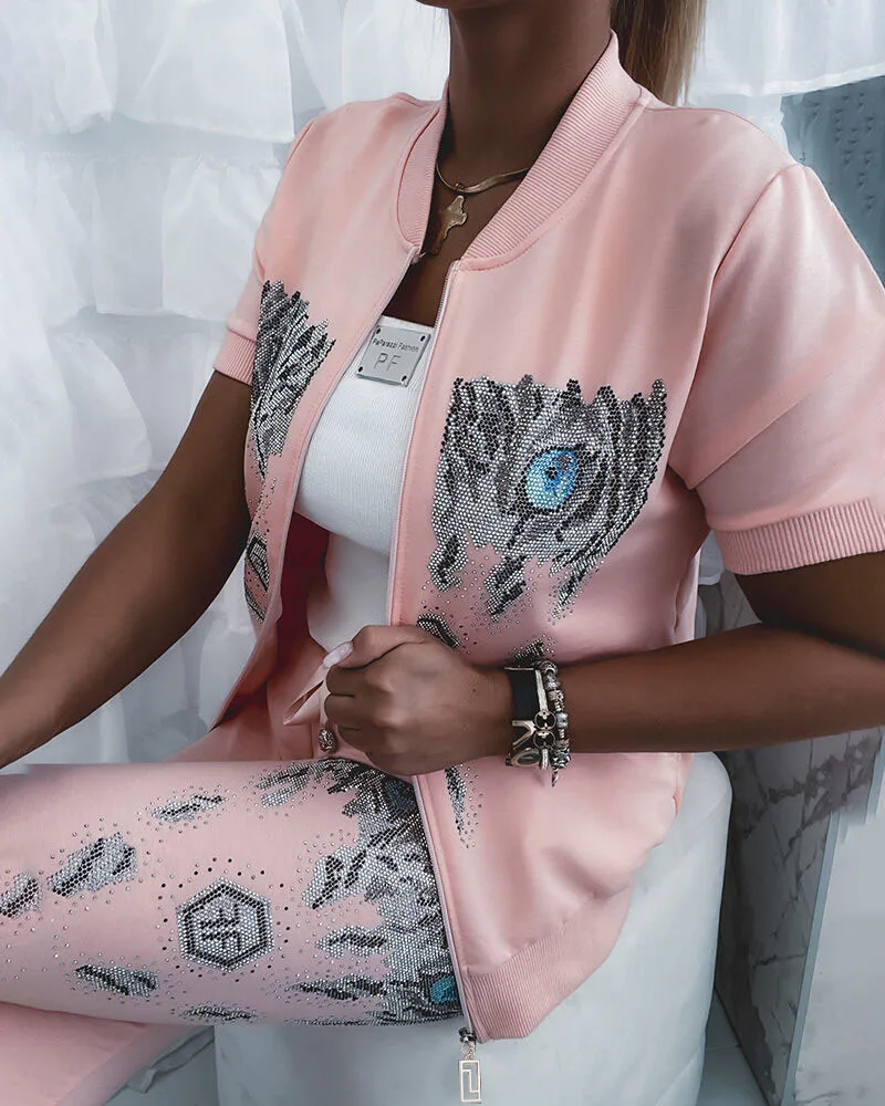 

Animal print hot drilling short-sleeved sweatshirt suit casual trousers women autumn summer 2021 new