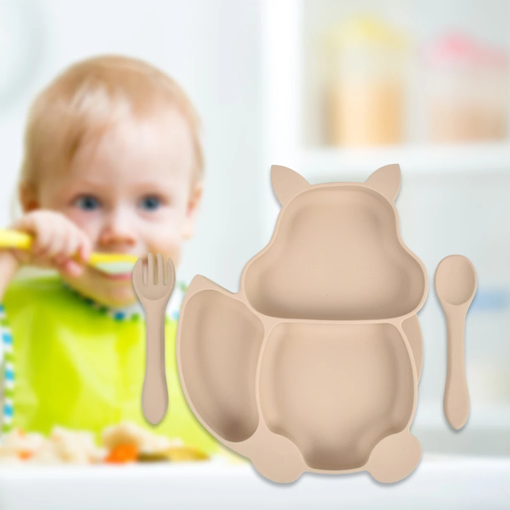 

Baby Plate+Spoon+Fork Feeding Food Tableware Set Cartoon Kids Squirrel Dishes Eating Dinnerware for Infant Children