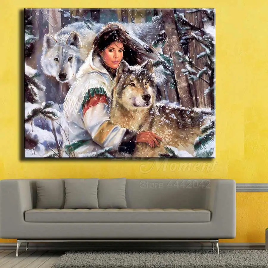 Алмазная живопись стразы зимняя женщина волк алмазная 5D Вышивка своими руками