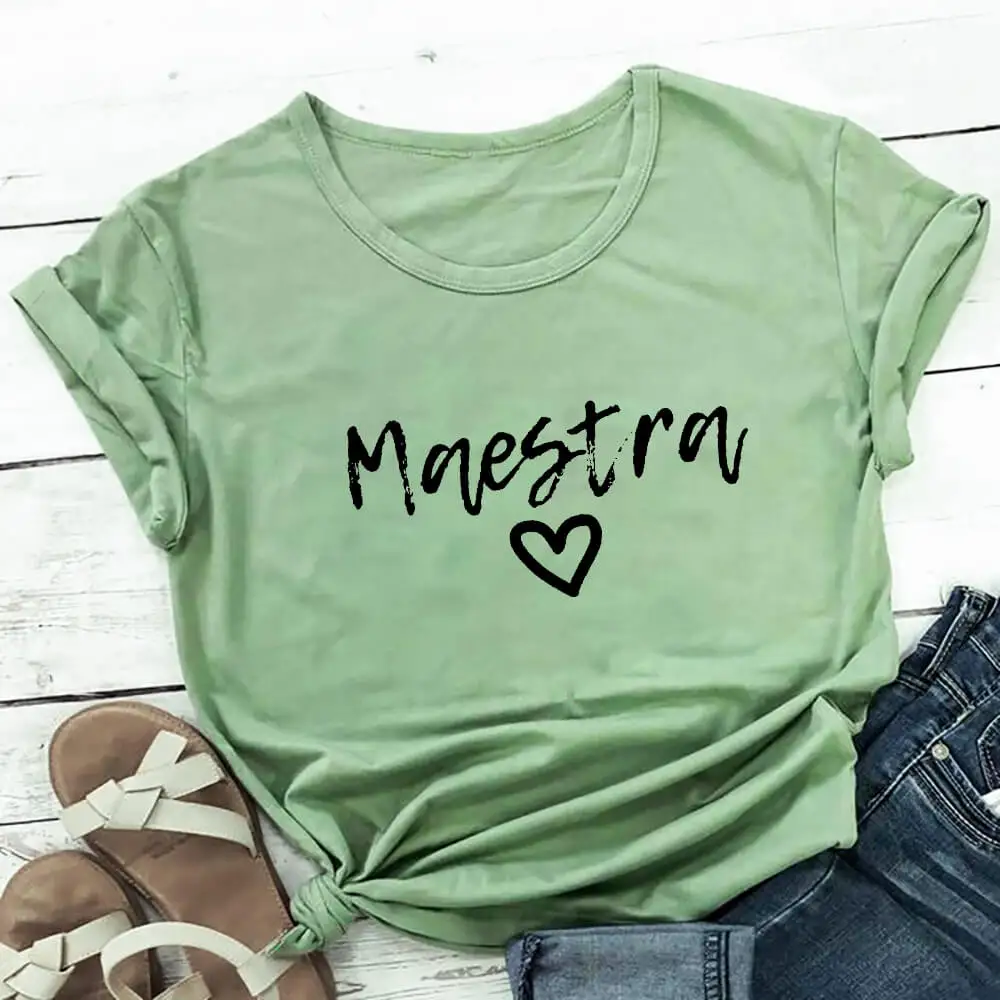 Maestra Heart 100%Cotton Bilingual Teacher Shirt Summer Women's T Shirt Casual O-Neck Short Sleeve Top Spanish Tees Teacher Gift