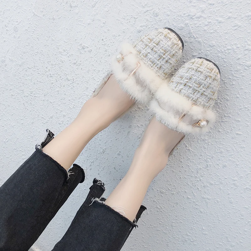 Туфли женские плюшевые на толстой подошве повседневная обувь с педалью модные