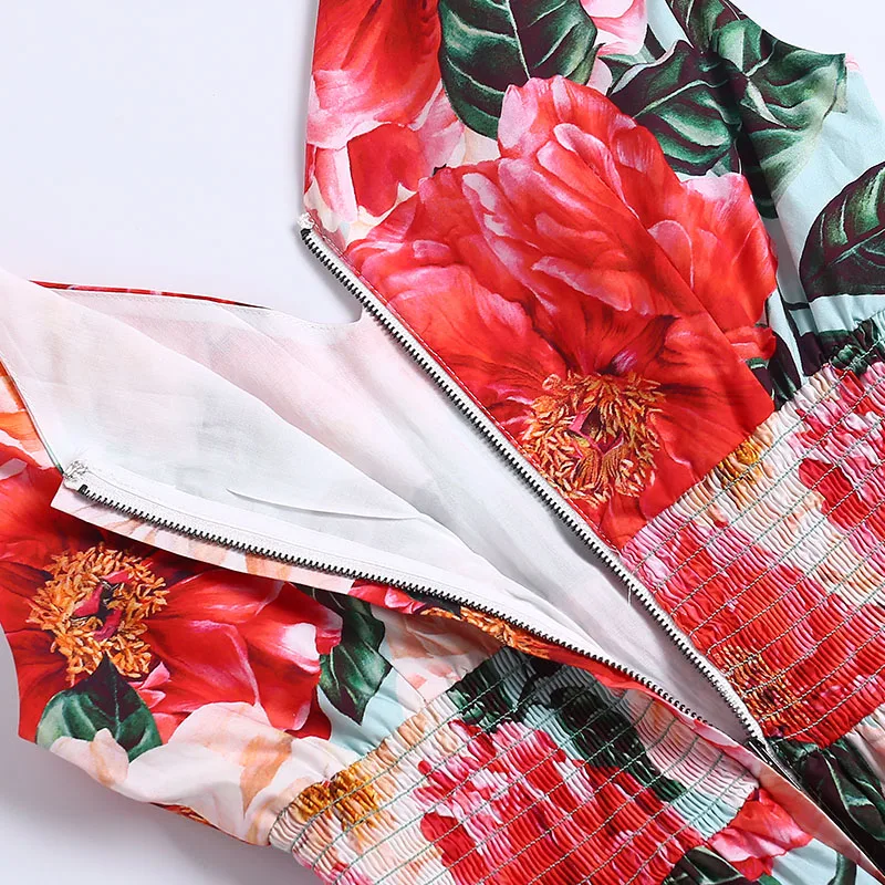 

100% Cotton 2021 New Summer Women's Dress Runway Retro Red Camellia Flower Print V-Neck Elastic Waist Holiday Fashion Dress