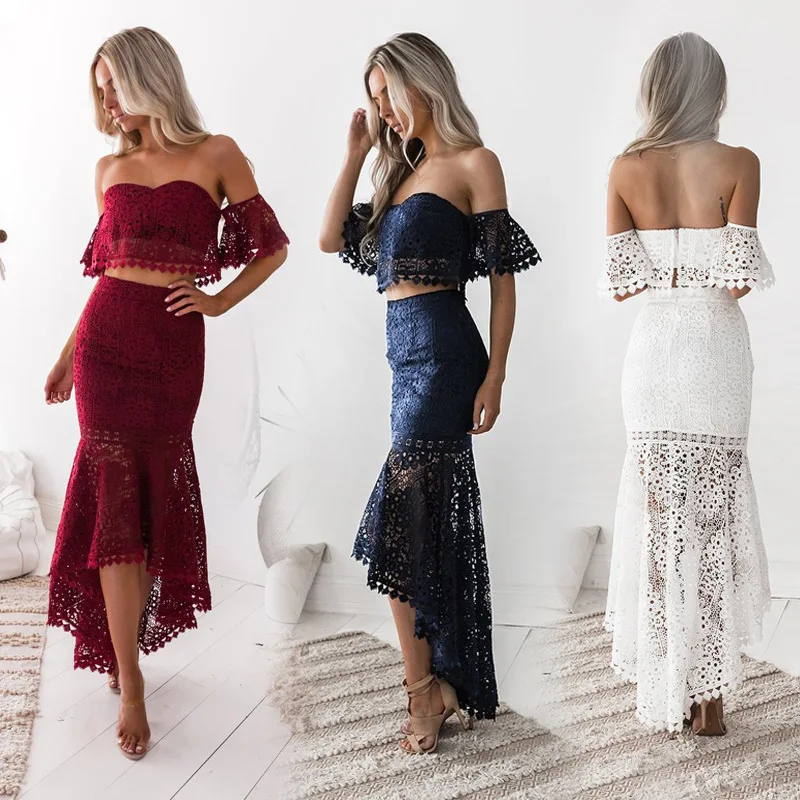 

2021 Womens Spring and Autumn New Women's Two-piece Lace V-neck Sexy Gown Lace Tube Top Halter Waist Trailing Pencil Skirts