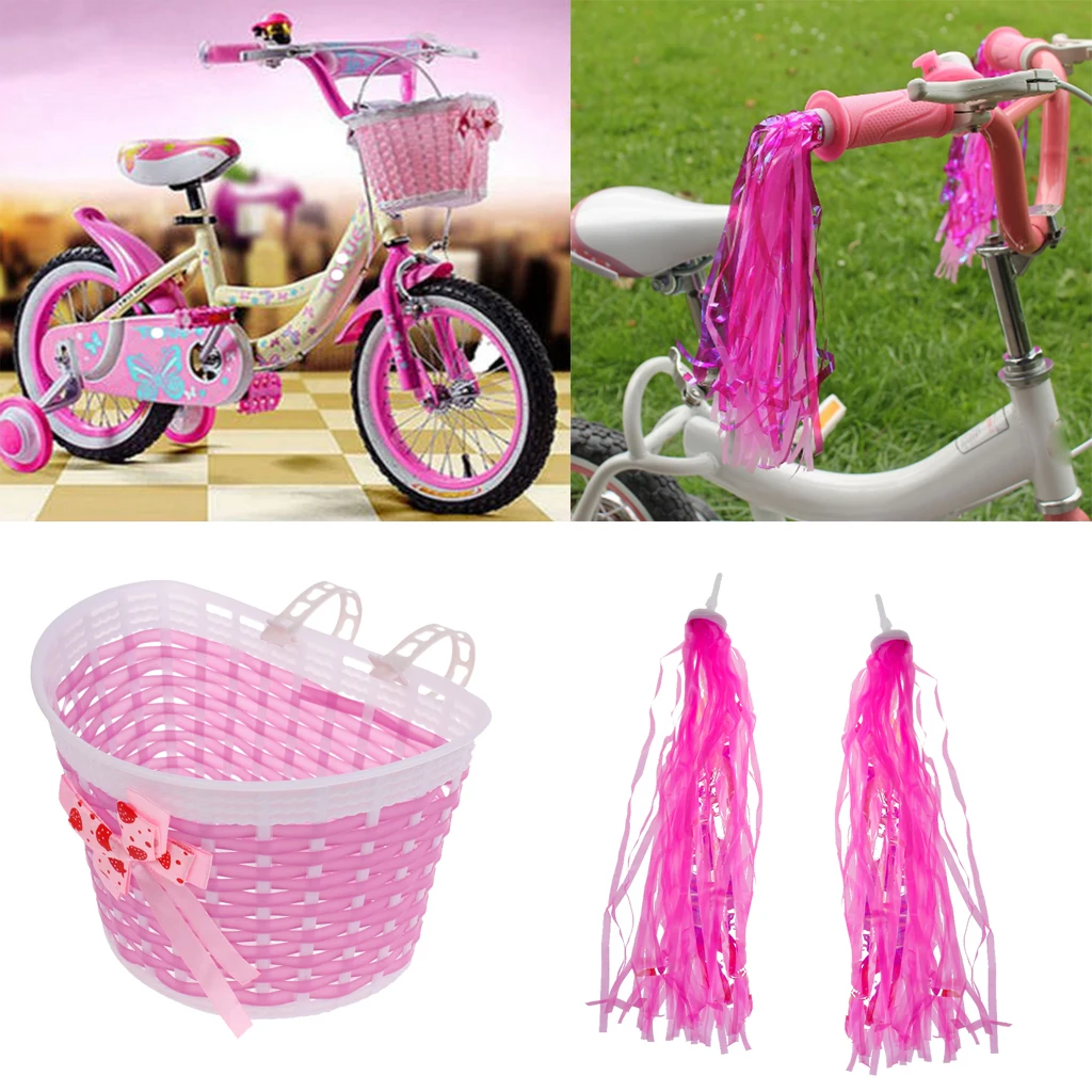 

Girls Scooter Bike Streamers Handlebar Grip Decoration+Front Basket Box Pink