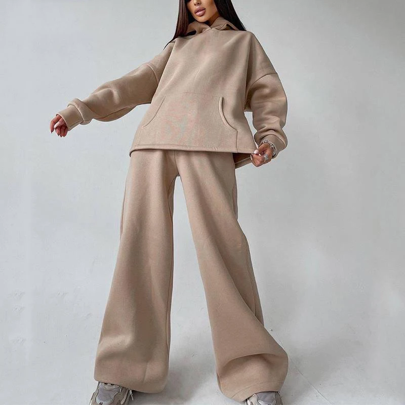 

Women Basic Hooded Tracksuit Two Piece Sets Pullover Sweatshirt Top And High Waist Wide Leg Pant Suits Female Fashion Streetwear