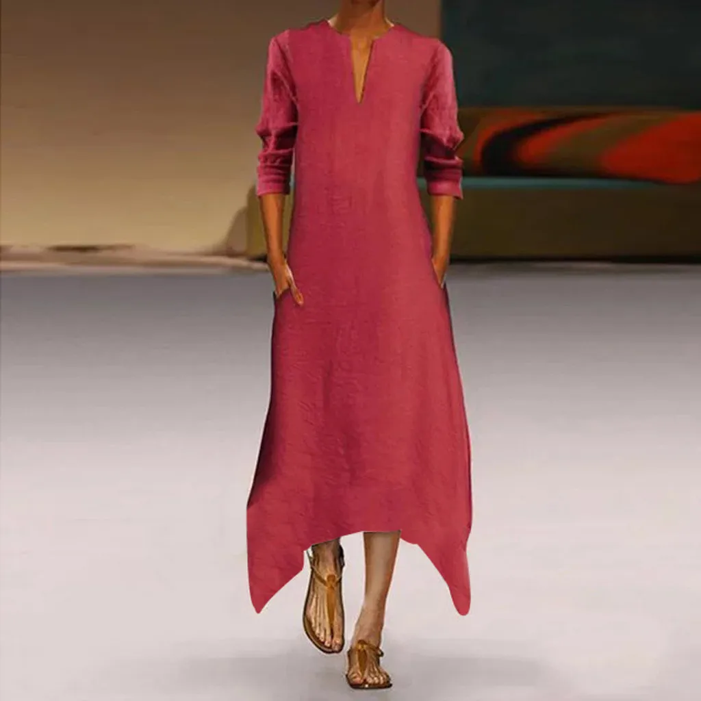 Винтажное женское свободное платье с длинным рукавом осенне зимнее Длинное