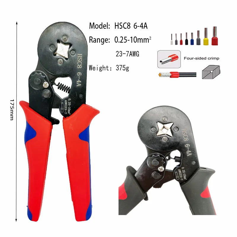 

Tubular Terminal Crimping Tool HSC8 6-4 Manual Electrical Clamp Tool 0.25-10 mm ² AWG23-7 High Precision Wire Crimper Tool