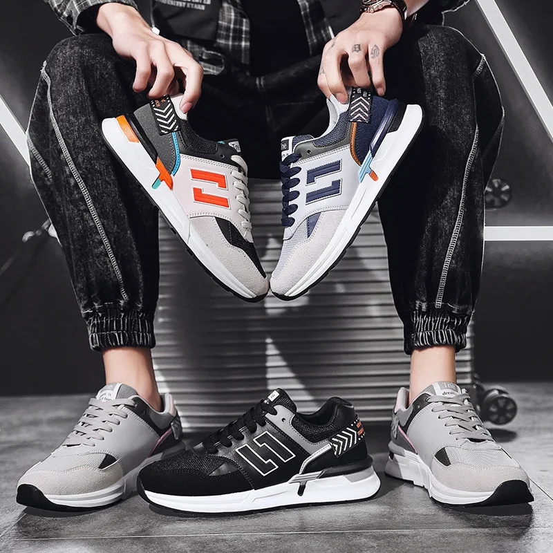 

New spring mesh breathable casual men's shoes 2021 leather splicing sports running shoes platform shoes men