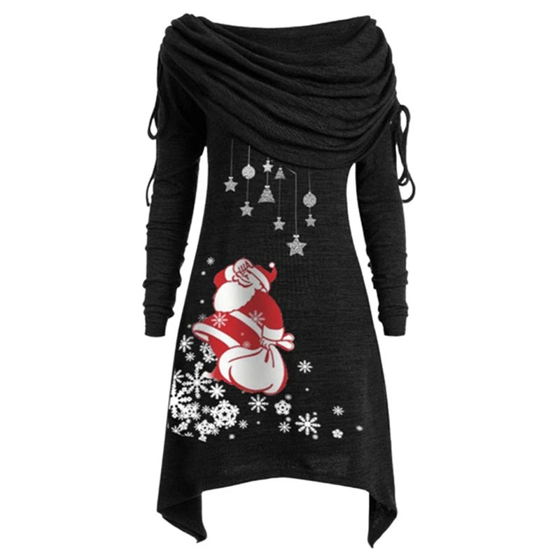 

2021 New Arrival Long Sleeve Santa Claus Dress Women Snowflake Print Irregular Dress Top Female Fashion Christmas Dress