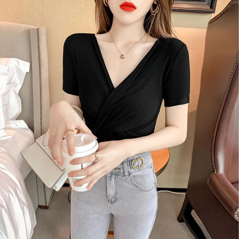 

2021 Summer French Vintage Tops Women Elegant Designer Unicolor Short-sleeved Shirts Sexy V-neck Cross Office Style Tops Ladies