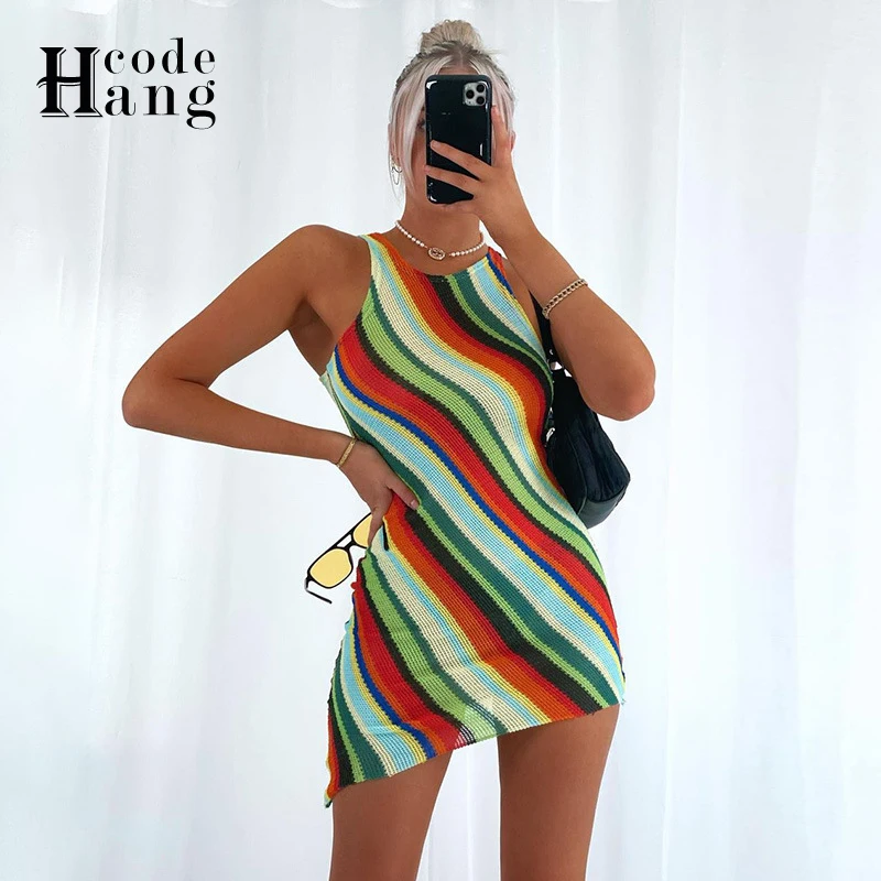 

HangCode Fashionable Bright Color Striped Mini Dress Women Sleeveless Asymmetrical Bodycon Dress Streetwear
