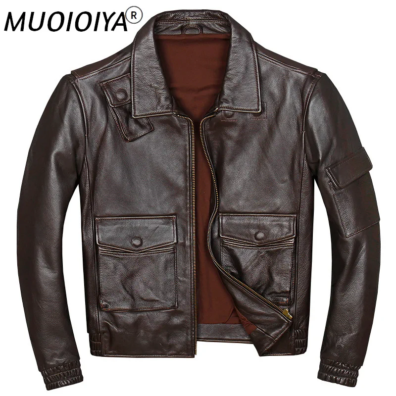 

Men's Genuine Cowhide Jacket Multi-Pocket Air Force Flight Suit Locomotive Leather Jacket Short Lapel Jacket