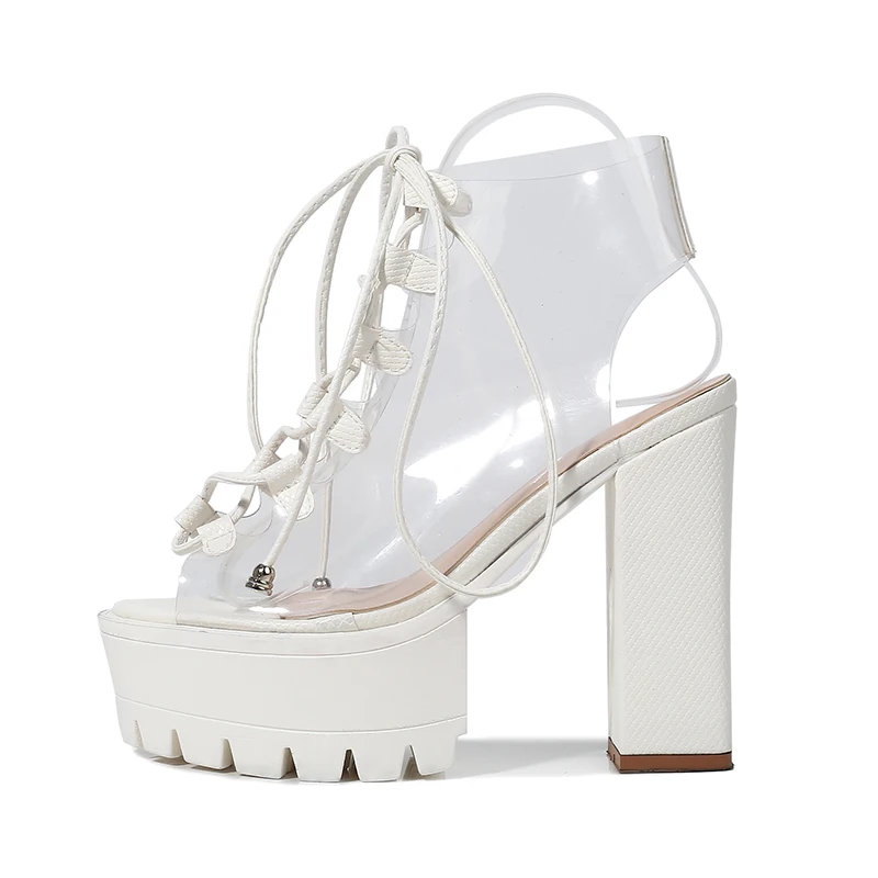 White Летние женские ботинки на толстой подошве с завязками; пикантные сандалии-гладиаторы с открытым носком на платформе и высоком каблуке; повседневные женские ботинки - Цвет: White