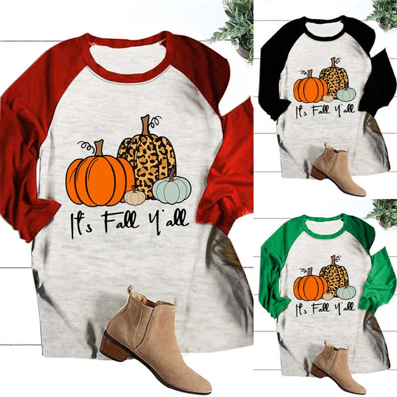 

Autumn fashion women's casual bottoming shirt three-quarter sleeves stitching sleeves it's fall y'all pumpkin print
