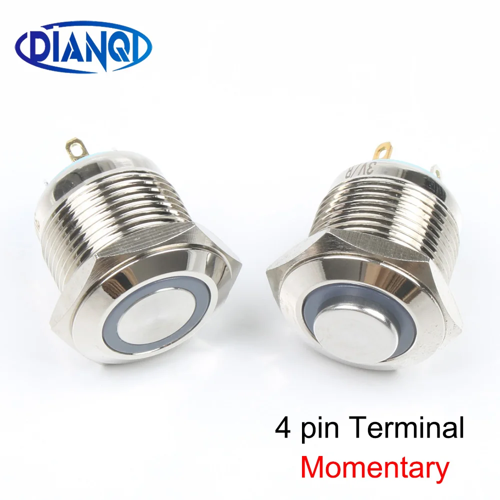 16 мм металлический водонепроницаемый кнопочный переключатель 12 В 24 в кольцо для