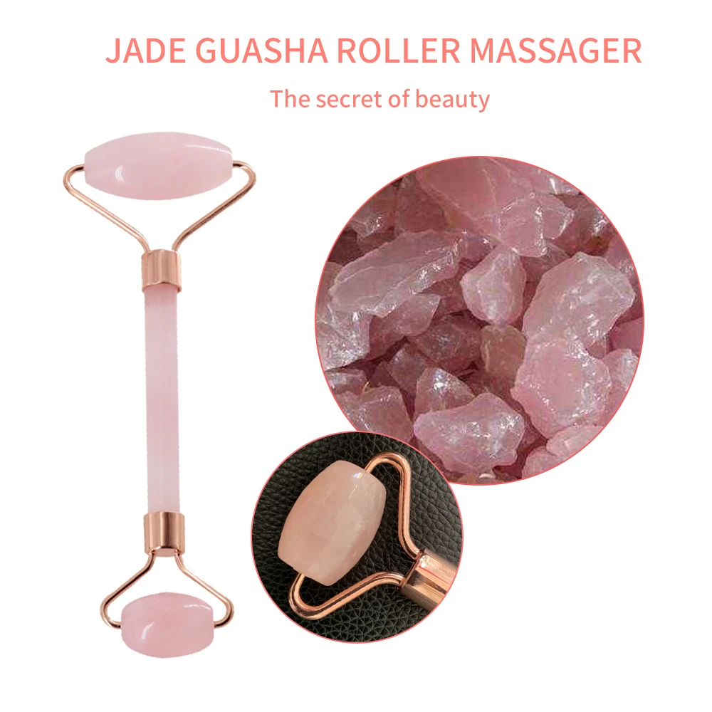 

Rose Quartz Powder Crystal Jade Roller Massage Spa Natural Pink Handmade Gua Sha Stone Facial Beauty Device Face Skin Care Tool