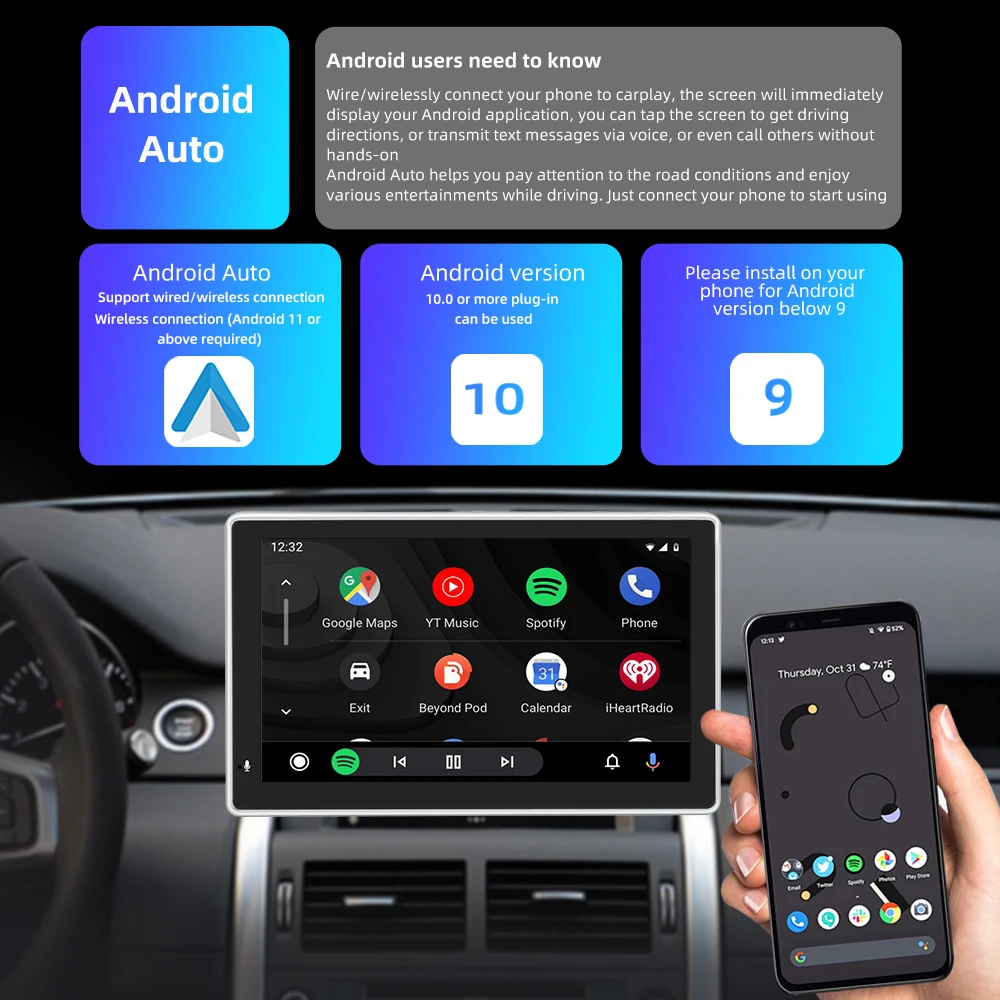 7 inch touch screen portable wireless apple carplay wireless android auto multimedia bluetooth navigation hd1080 stereo linux free global shipping