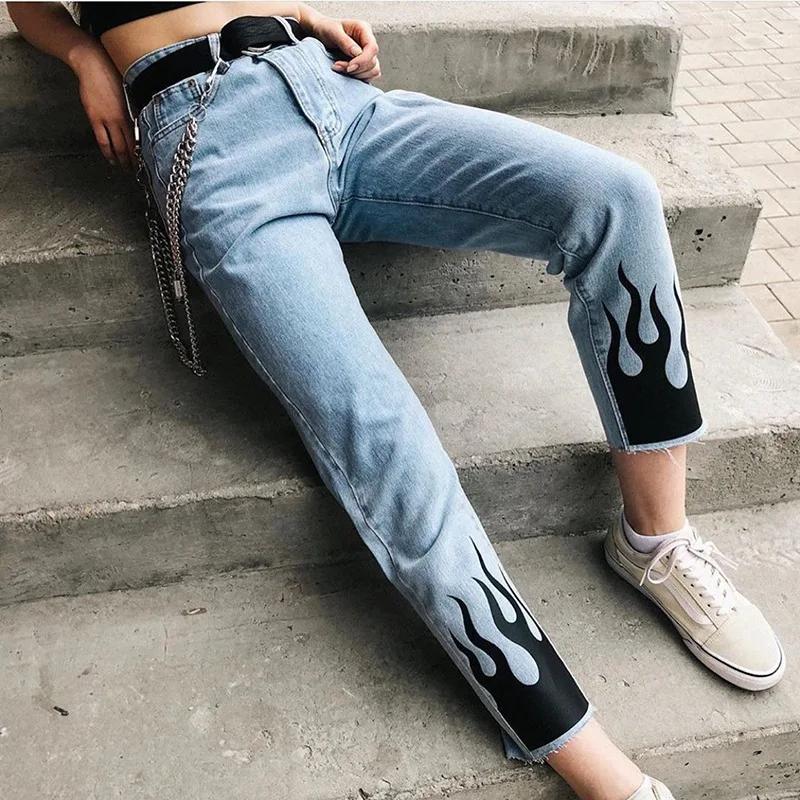 Модные стильные Осенние повседневные джинсы с принтом пламени | Женская одежда