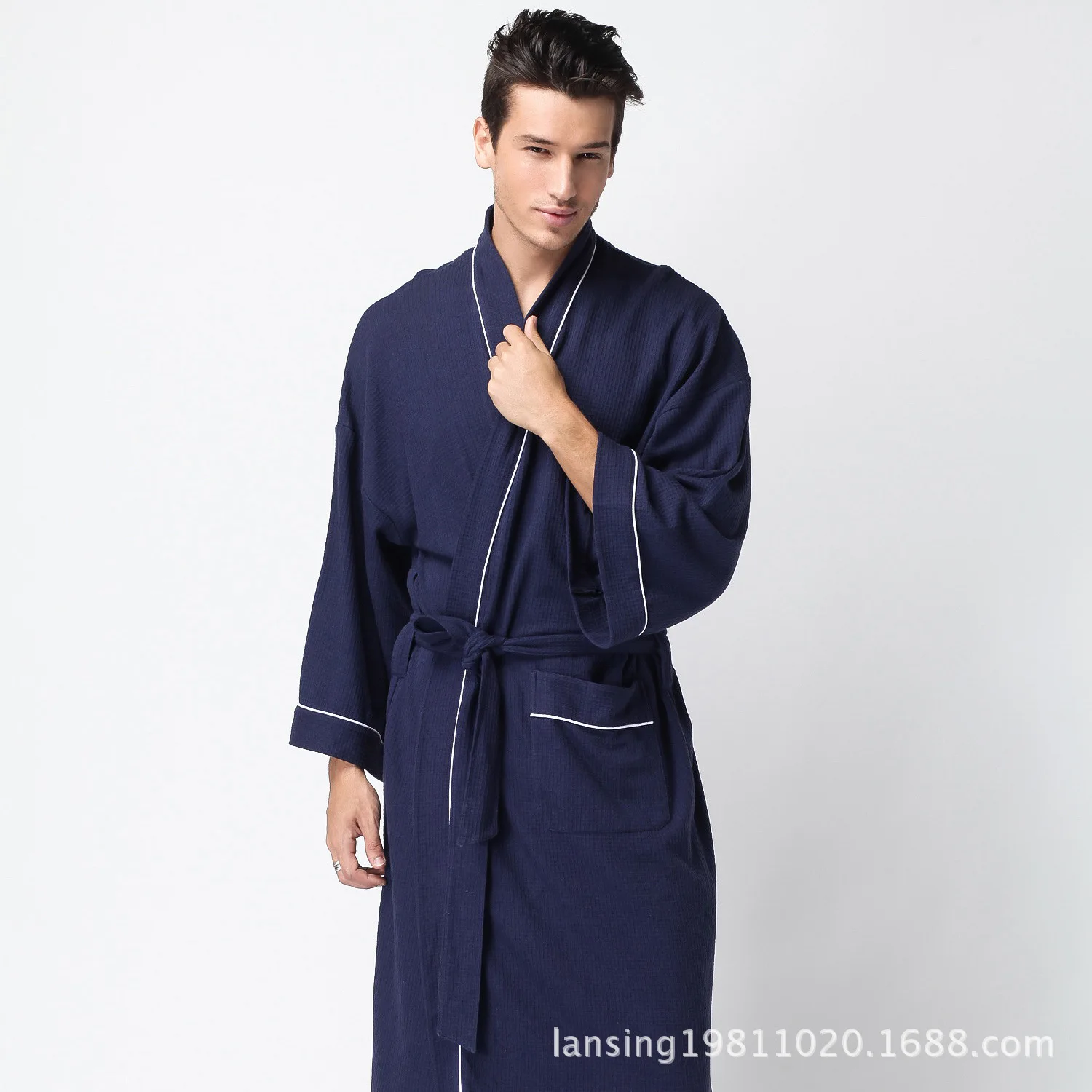 

Luxury Designer Men's Cotton Kimono Robe Long Sleeve Sleepwear Bathrobe Solid Color Nightgown Spring Summer Home Clothing Blue