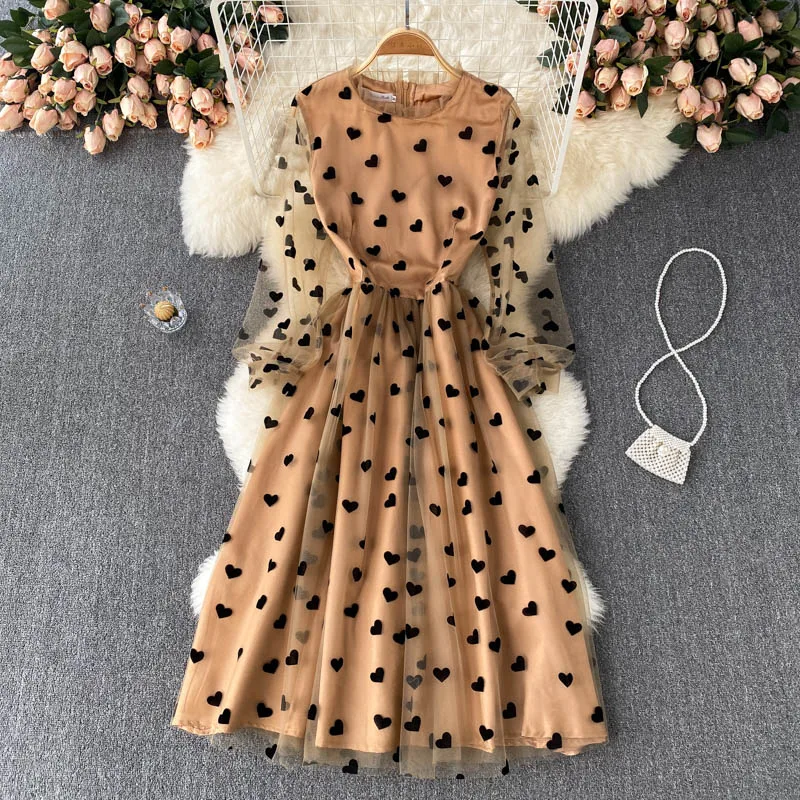 

ZCWXM Mesh Dress Women Elegant French Long Sleeve Sweet Love Print A-line Dress Autumn Fashion Korean Streetwear Midi Dress