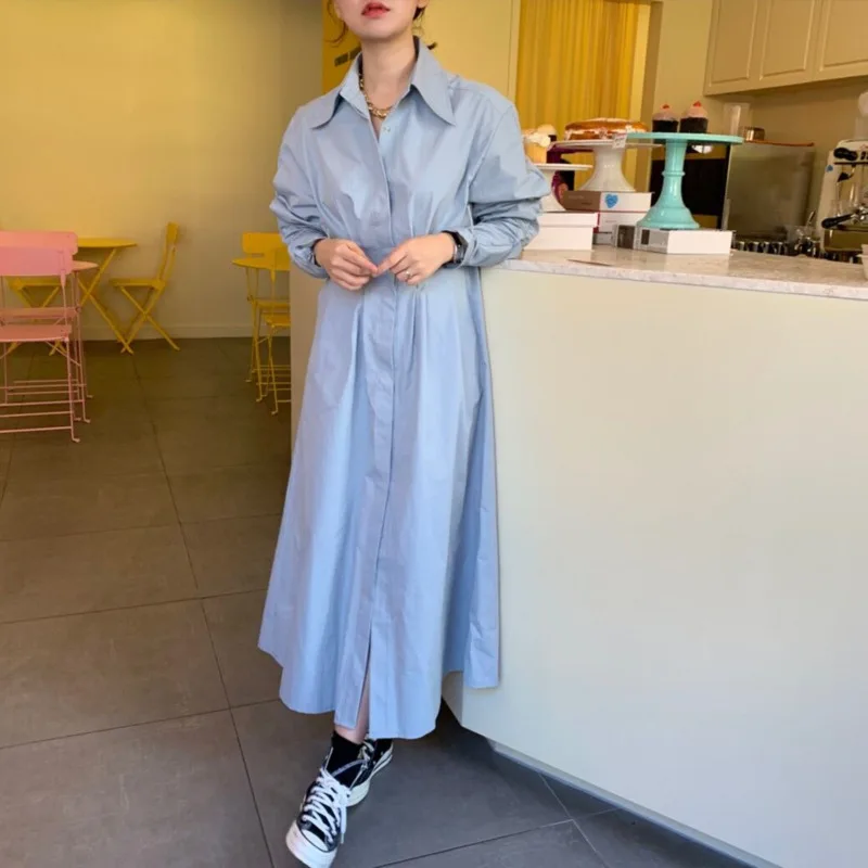 Женское платье с отложным воротником [EWQ] Элегантное Длинное Платье-рубашка