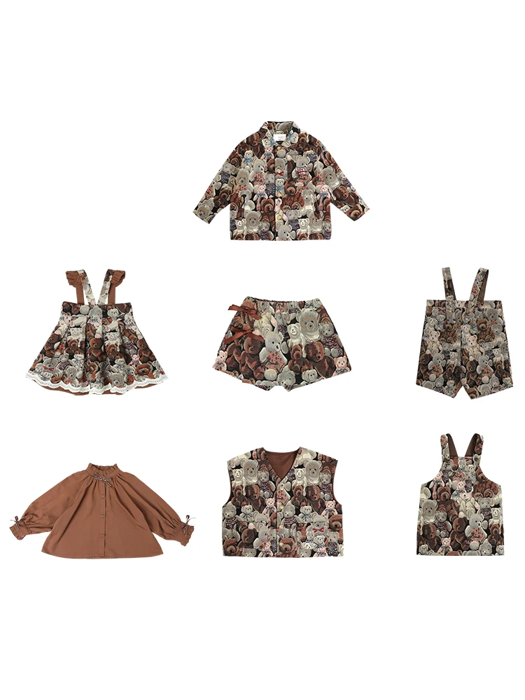 Children's Cartoon Bear Jacquard Girl Dress Retro Shirt Baby Parent-child Outfit Jacket Casual Vest | Мать и ребенок