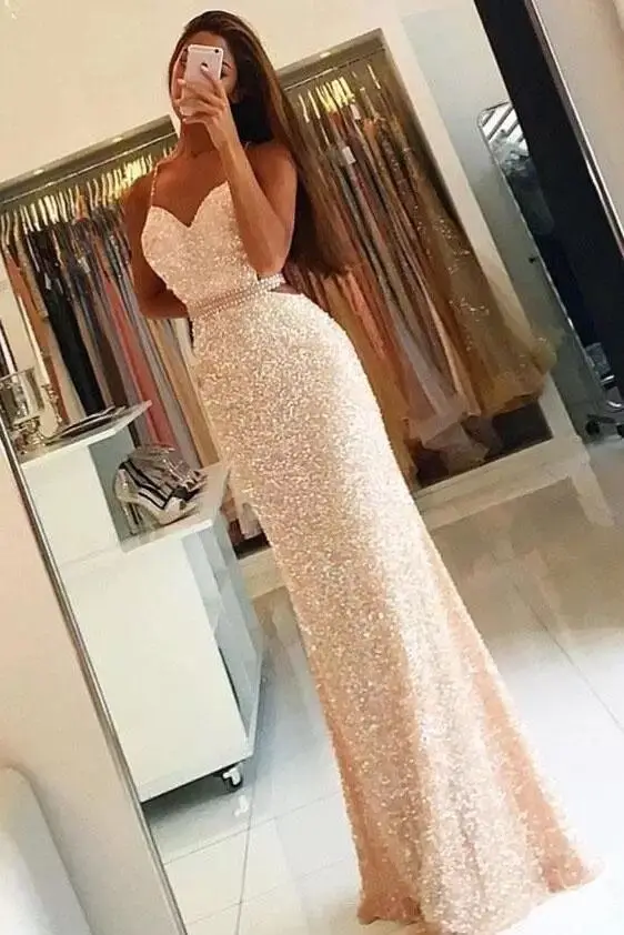 

2022 Sparkle Champagne Sequin Prom Dresses Sweetheart Spaghetti Straps Criss Cross Bead Mermaid Backless Evening Gown Sexy Long