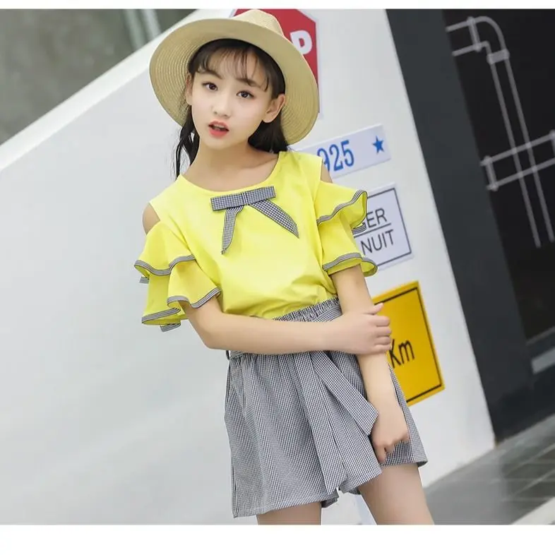 

Girls Clothing Sets 2020 New Summer Off Shoulder Ruffles Tops+Pants Fashion Kids Clothes Casual Clothing Sets For Children W35