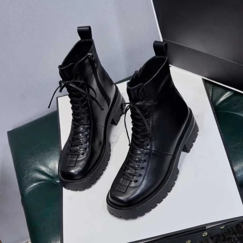 

Female Shoes Lace Up Flats Leather Martin Boots Women's New Autumn Winter Boots 2021 Fashion Mid Calf Simple Ladies Square Toe