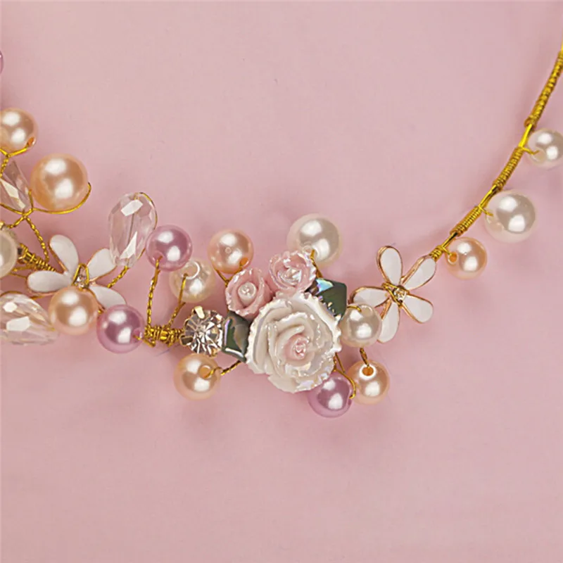 

Rose Hair Jewelry Pearl Crystal Flower Tiara Headbands Handmade Bridal Hairbands Wedding Hair Ornaments Party
