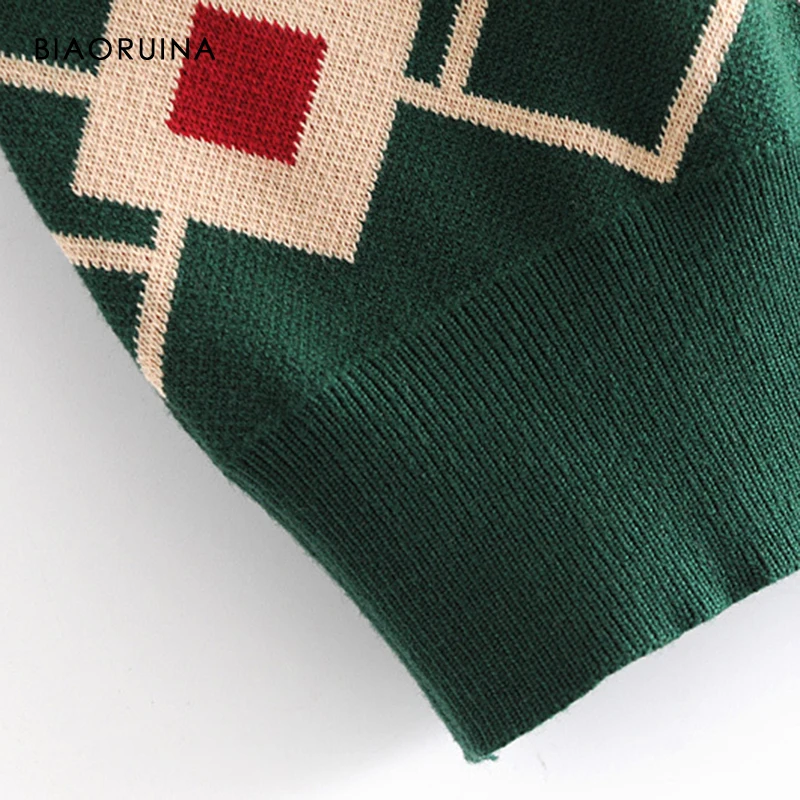 

BIAORUINA Women's Geometric Pattern V-neck Loose Single Breasted Vintage Knitted Cardigan Female Elegant Sweater Christmas Style