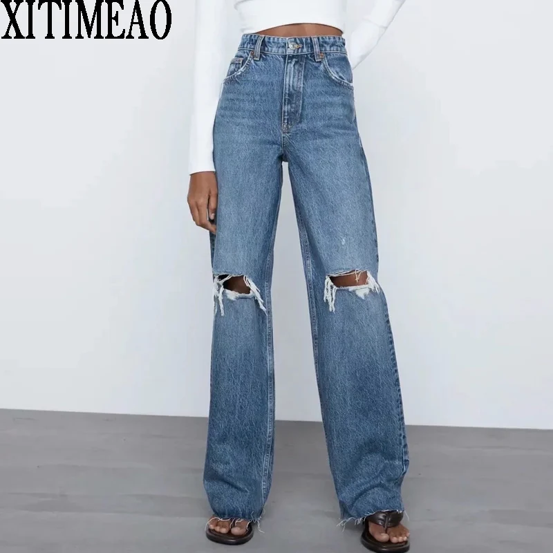 

FAKUNTNZa High Waist Loose Comfortable Blue Jeans For Women Fashionable Casual Straight Pants Jeans Hole Jeans Xitimeao