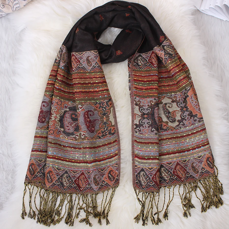 Серая модная Осенняя Женская шаль шарф Пашмина зимний национальный стиль